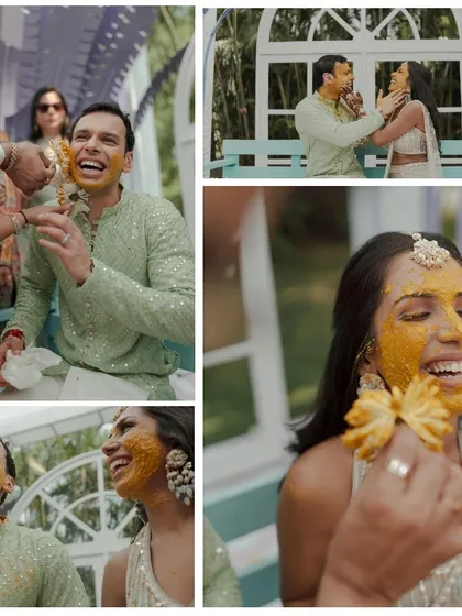 A collage capturing the fun and messy moments of the Haldi ceremony, with the couple covered in turmeric and love.