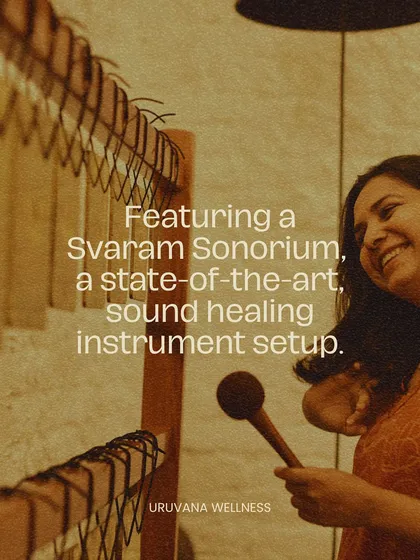 Our state of the art Svaram Sonorium is a centerpiece of Uruvana, offering a world class sound healing instrument setup. I am pictured here connecting with its beautiful frequencies, which can add a profound dimension to sound baths, meditation, and vibrational therapy sessions.