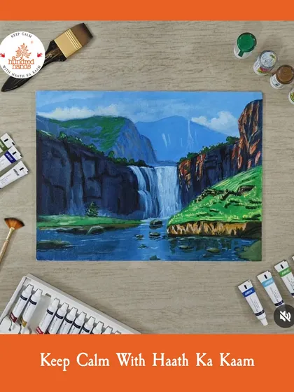 A serene landscape painting of a waterfall. For many, painting is a way to calmly work on something without worrying about being the best at it.