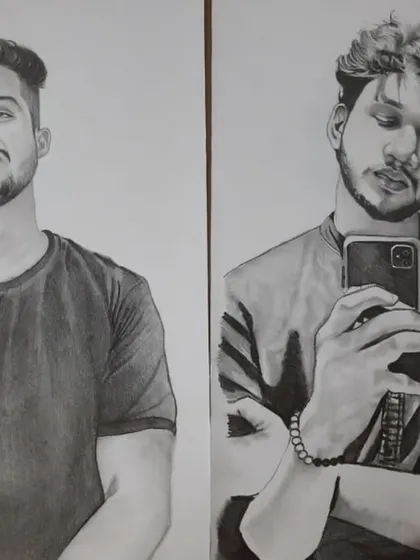 Two separate A4 size pencil sketch orders placed side by side. This shows the consistency in quality and style for my individual portrait commissions.