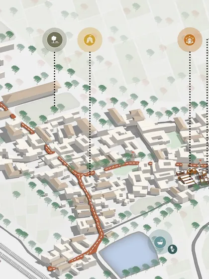 This is a glimpse into the master plan for Adarsh Gram, a model village concept. My focus here was on creating community-centric spaces, interconnected pathways, and public zones, demonstrating how thoughtful rural master planning can shape a community's future.