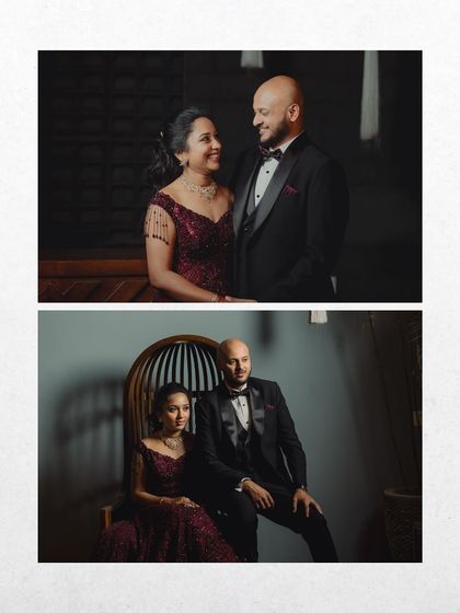A duo of stylish, posed portraits from an indoor engagement shoot. These images have a formal elegance, showcasing the couple's sophisticated style.