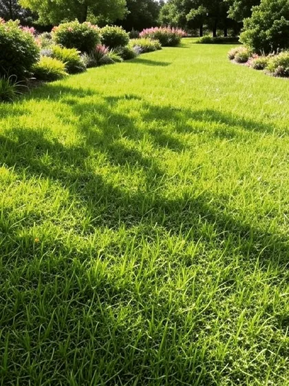 A close-up of a sun-drenched lawn, showing the texture and health of the grass. The shadows from nearby trees create interesting patterns on the ground.