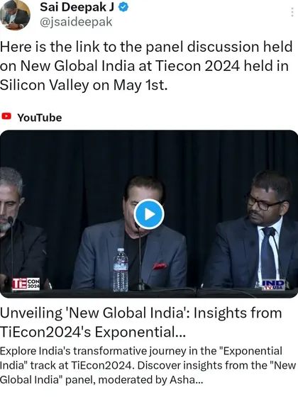 A link to the panel discussion on "New Global India" at TiEcon 2024. My contribution focused on the civilizational and cultural underpinnings of India's current global trajectory.