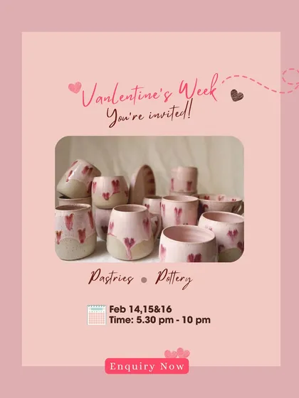 Pottery is best shared. This poster for our Valentine's Week event captures the spirit of what we do here: bringing people together to create, laugh, and make memories with their hands.