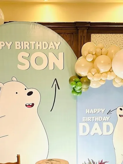 A close-up of the "We Bare Bears" backdrops, showing the cute interaction between the "Son" and "Dad" bears. This highlights the fun and personal story we can tell with our custom designs.