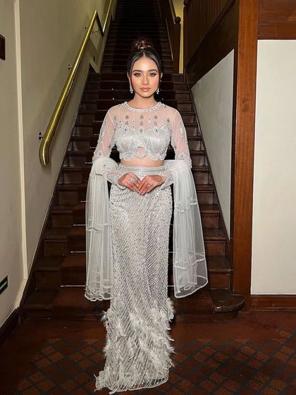 A full-length shot of the Viraaya gown, perfect for a modern, high-fashion bride.