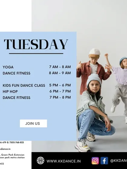 Here's what our Tuesdays look like. Join us for morning Yoga and Dance Fitness, or bring your little ones for our Kids Fun Dance Class in the evening.