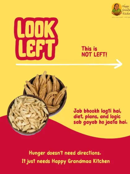 When hunger strikes, there's no time for confusion. This fun graphic, featuring our Karela Nimki and another savoury treat, shows that the only direction you need is towards our kitchen.