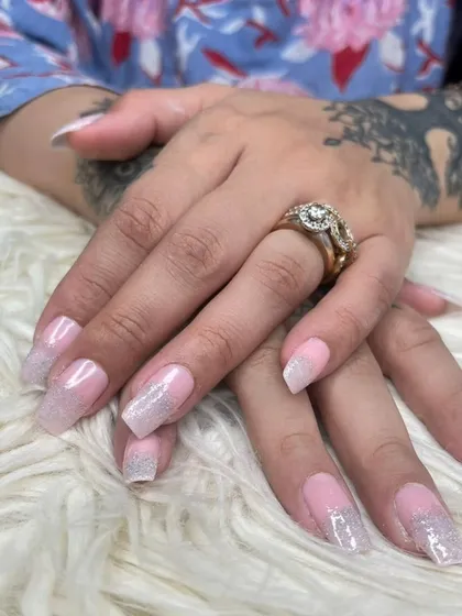 Another view of the pink and silver glitter ombre nails, showing how they sparkle from a different angle.