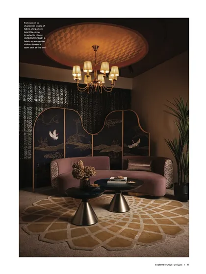 This magazine feature captures the essence of Zone Four, highlighting the custom-embroidered partition screen, the mauve sofa, and the dramatic chandelier. It speaks to our method of layering pattern, texture, and bespoke furniture to create a cohesive mood.