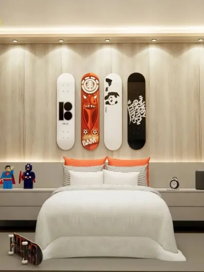 A front view of the bed, showcasing the unique skateboard decor and the clean, modern design.