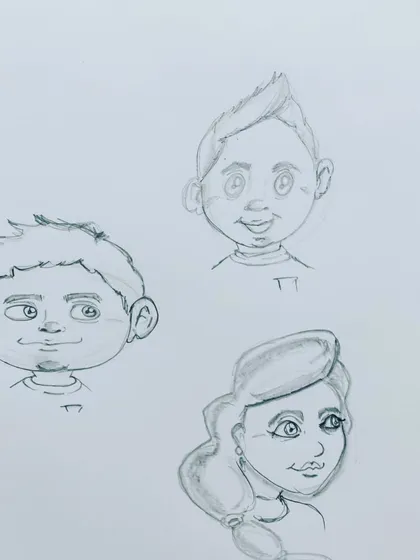 This image shows the initial pencil sketches for several different characters. It’s a behind-the-scenes look at how I develop ideas before committing to the final marker lines.