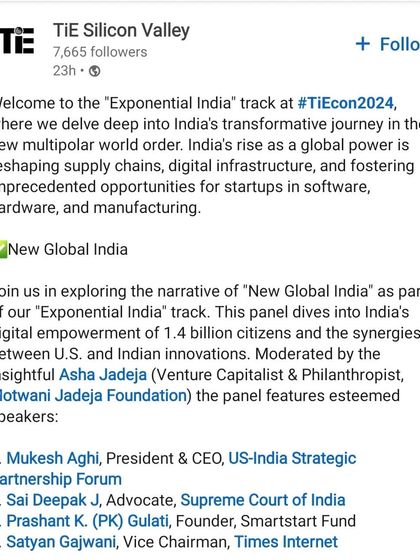 An announcement from TiE Silicon Valley for the "Exponential India" track at TiEcon 2024. I participated as a speaker on the "New Global India" panel, discussing India's rise from a civilizational standpoint.