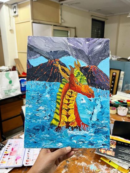 A close-up of the finished sea dragon painting, highlighting the thick, textural brushstrokes of the impasto technique taught in our kids' classes.