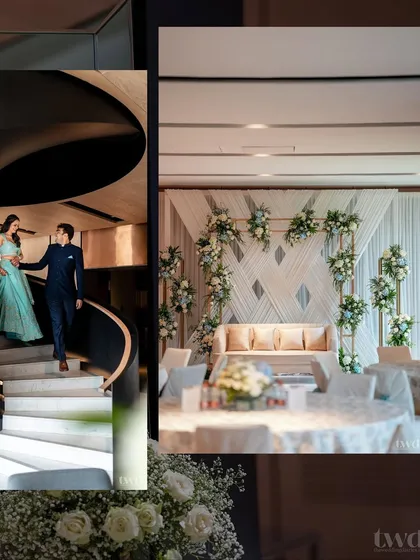 This shot showcases both the couple's grand entrance and the beautiful, elegant decor of their engagement ceremony.