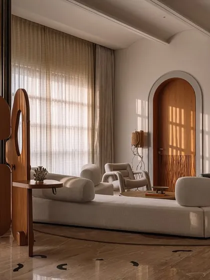 This junior master bedroom is a curated gallery of our custom pieces. The space features our 'Hide and Seek' screen, the 'Line' shelf, and the 'Cane Crush' chaise lounge, all working together to create a layered and texturally rich environment.