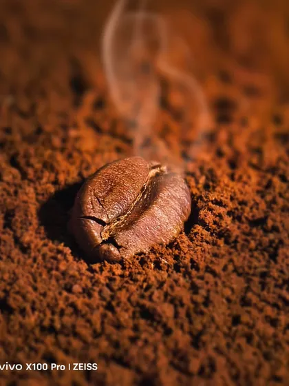 A single coffee bean on a bed of ground coffee, with a wisp of steam. This highly stylized, conceptual shot was also part of the vivo phone collaboration.
