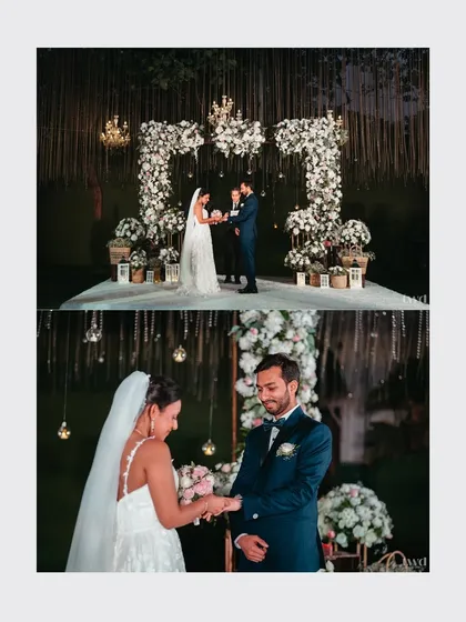 A collage of the vow exchange at a beautiful garden wedding. The close-up shots capture the emotional expressions of both the bride and groom.