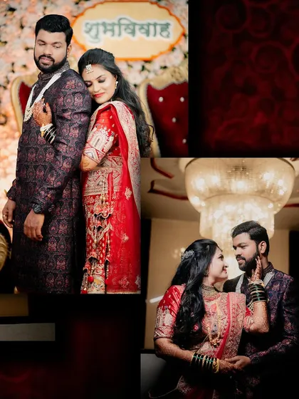 A collage showcasing the couple's stunning reception look. From a full-length pose to an intimate gaze, we capture the elegance of the evening.