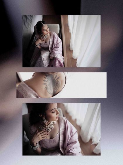 A collage showing the bride's modern style, including a glimpse of her back tattoo, blended with her traditional engagement attire.