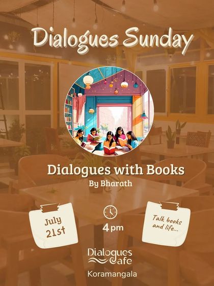 An artistic flyer for our "Dialogues with Books" meetup, inviting you to talk about books and life.