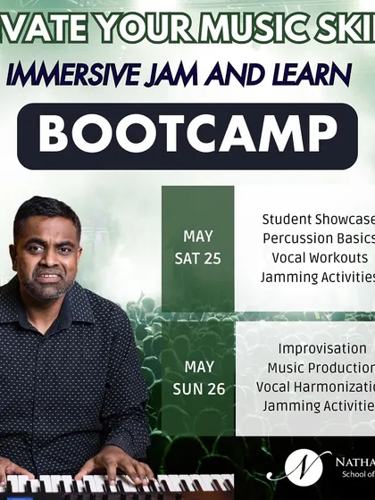 This graphic gives you a quick overview of our upcoming Immersive Jam and Learn Bootcamp. We'll cover everything from percussion basics and vocal harmonization to improvisation and music production, with plenty of jamming activities scheduled.