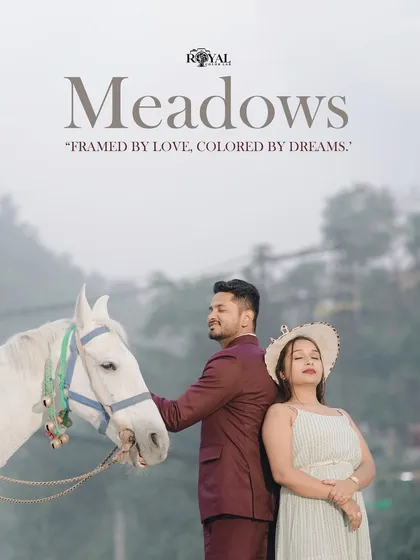 A dreamy, meadow-like scene featuring a couple with a white horse. We can arrange for special props like this to bring your fairytale pre-wedding vision to life against the misty Rishikesh landscape.