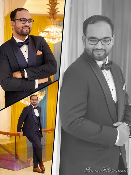 A collage of the groom in his classic tuxedo, capturing his style and happy expression during the engagement party.
