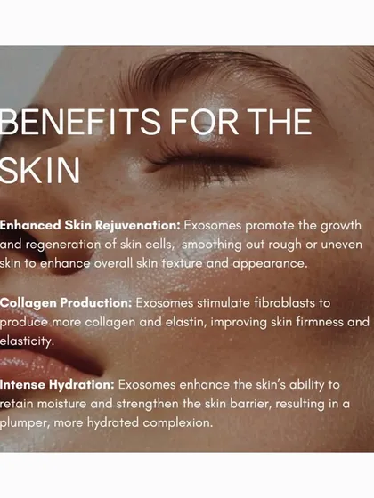 The benefits of exosomes for the skin are incredible. They promote skin cell regeneration, stimulate collagen and elastin production for improved firmness, and enhance the skin's ability to retain moisture.
