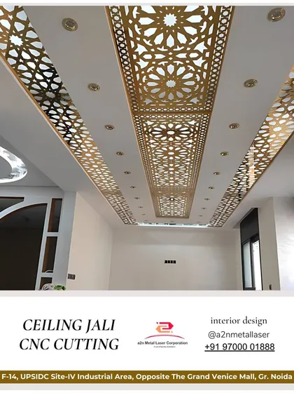 We transform ceilings from forgotten surfaces into stunning architectural features. This project uses CNC cut jali panels with a traditional geometric pattern, finished in gold and integrated with recessed lighting to create a luxurious and expansive feel.
