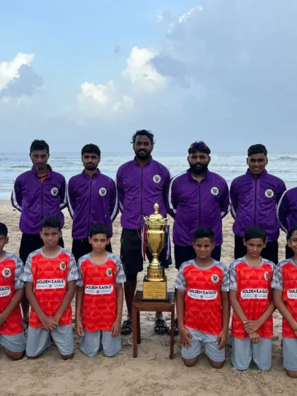 The champions on the shores of Goa. Our team poses with the All India Football 5 Association trophy against a beautiful beach backdrop, a memorable moment from a successful tournament tour.