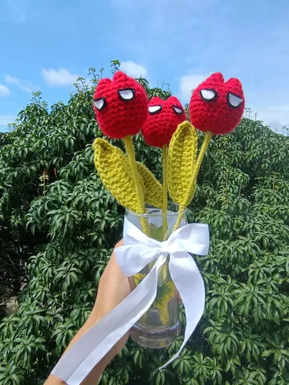 A bouquet of the classic red Spiderman-themed tulips.