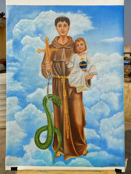 This is a completed 2x3 feet oil painting of Saint Anthony, a commission work for a client in Goa. It required a lot of changes and detail to get it just right.