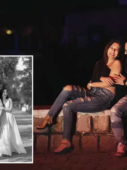 A mix of day and night, color and black-and-white. This collage shows the versatility of a casual shoot, capturing both playful laughter and quiet, romantic walks.