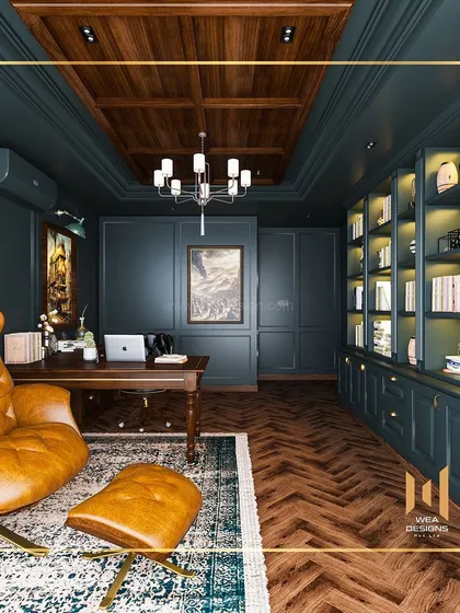 Another view of the classic study, showing a comfortable leather armchair for reading and relaxing.