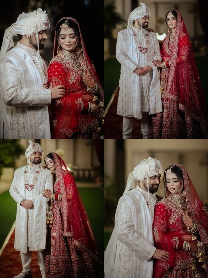A four-photo grid showing tender moments between the bride and groom in their wedding attire.