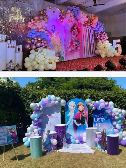 A collage showing two different Disney Princess themes. The top features a classic princess stage, while the bottom shows an outdoor "Frozen" setup with Anna and Elsa.