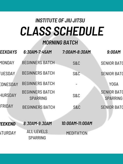 A clear copy of our morning schedule, detailing the times for beginners, S&C, and our senior batch.