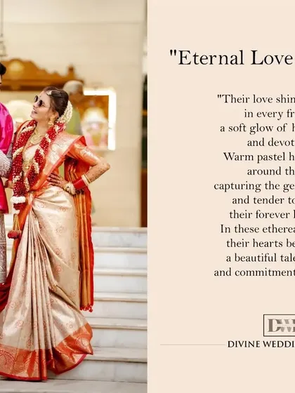 "Eternal Love Unfolding." A branded image with a beautiful poem, capturing the couple in their stunning South Indian wedding attire.