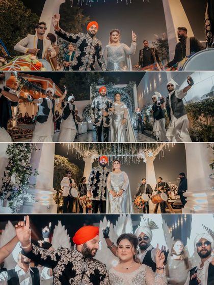 A collage showcasing the high-energy moments from Gurbani and Gurneet's celebration, including live music and dancing, capturing the vibrant party atmosphere.
