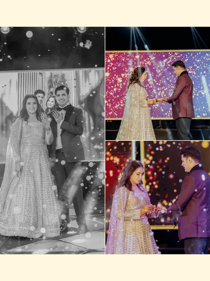 A collage capturing the key moments of Lokesh and Kritika's ring exchange on stage. The mix of black and white adds a timeless feel to the celebration.
