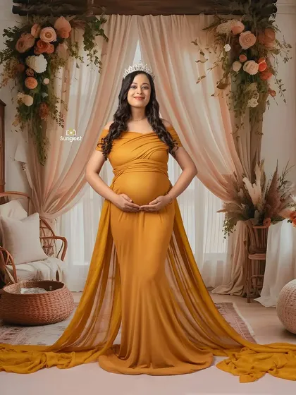 A regal pose in the same boho setup, with the mom-to-be wearing a tiara. This shows how we can customize a theme to match your style.