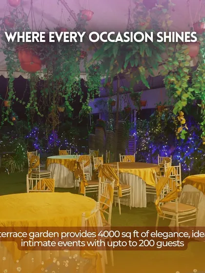 The Terrace Garden provides 4,000 sq ft of elegance, ideal for intimate events with up to 200 guests, shown here with a vibrant yellow theme.