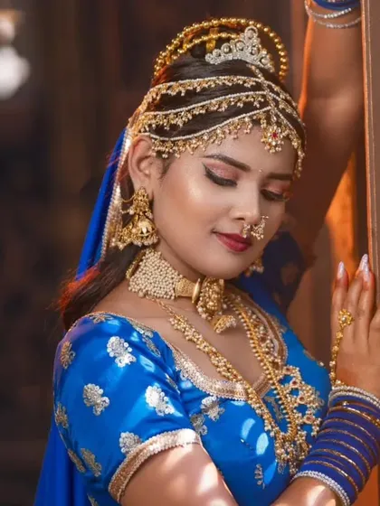 A close-up portrait that gives a clear view of the choker, jhumkas, and the delicate nose ring.
