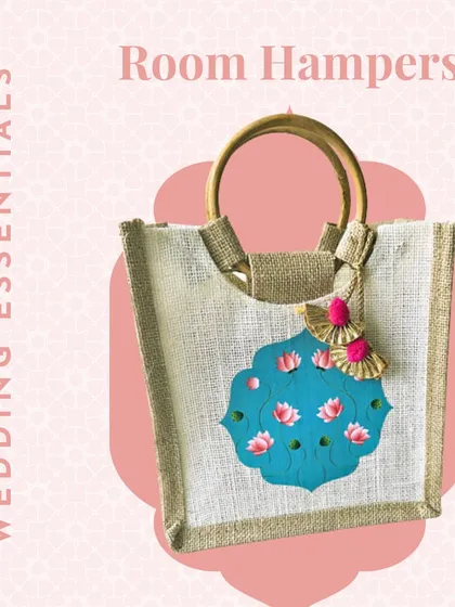 A beautiful and sustainable room hamper idea. This hand-painted jute bag is a wonderful way to welcome wedding guests, filled with thoughtful goodies.