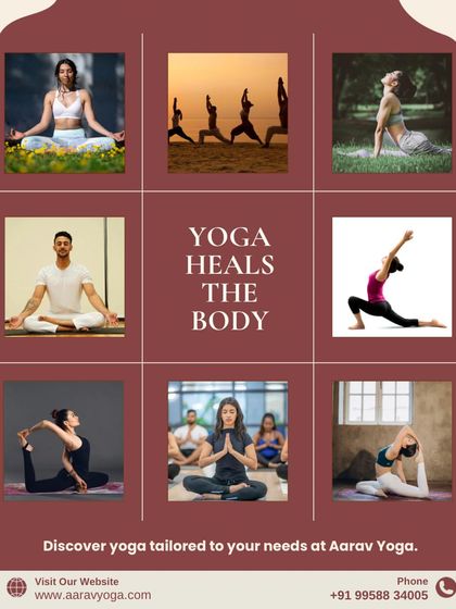 "Yoga Heals the Body." This collage shows practitioners of all types in various poses, reinforcing our message that we offer yoga tailored to your body's specific healing needs.