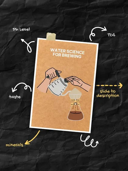 An illustrated guide to water science for brewing, highlighting the importance of pH level, minerals, and TDS (Total Dissolved Solids).
