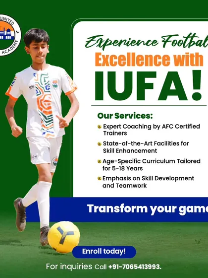 Experience football excellence with IUFA. This graphic outlines our key services, from expert coaching to our age-specific curriculum, designed to transform your game.