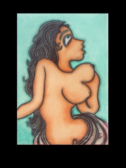This mixed-media on paper is a nude study by Prokash Karmakar, an artist known for his revolutionary spirit. Influenced by Picasso, Karmakar often explored female nudes as a celebration of flesh and fantasy, metamorphosing the horrors of his time into surrealist objects.